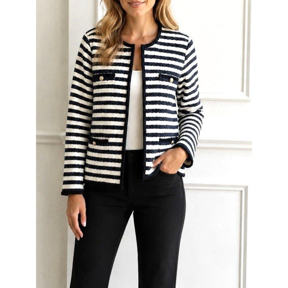ANN TAYLOR Blue & White Striped Boucle Tweed Fitted Jacket NEW WITH TAG - SZ 14